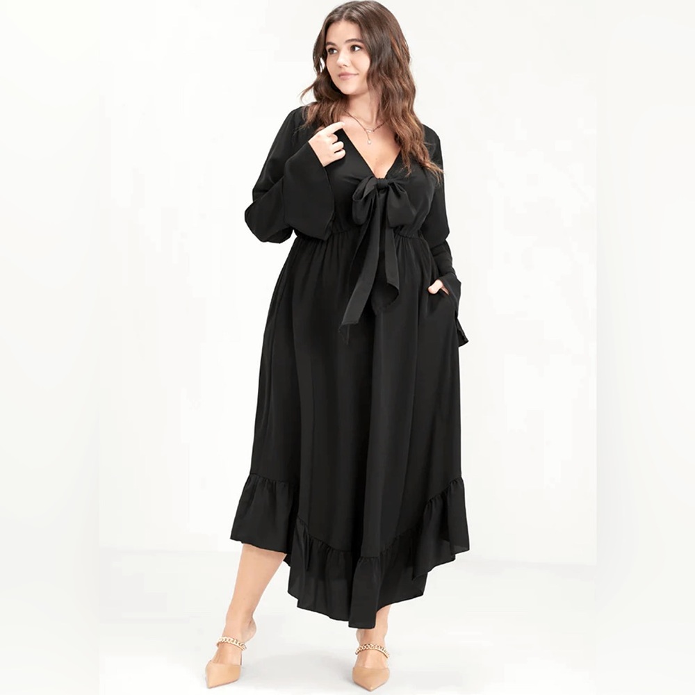NWT | Solid Bell Sleeve Pocket Knotted Neck Arc Hem Dress